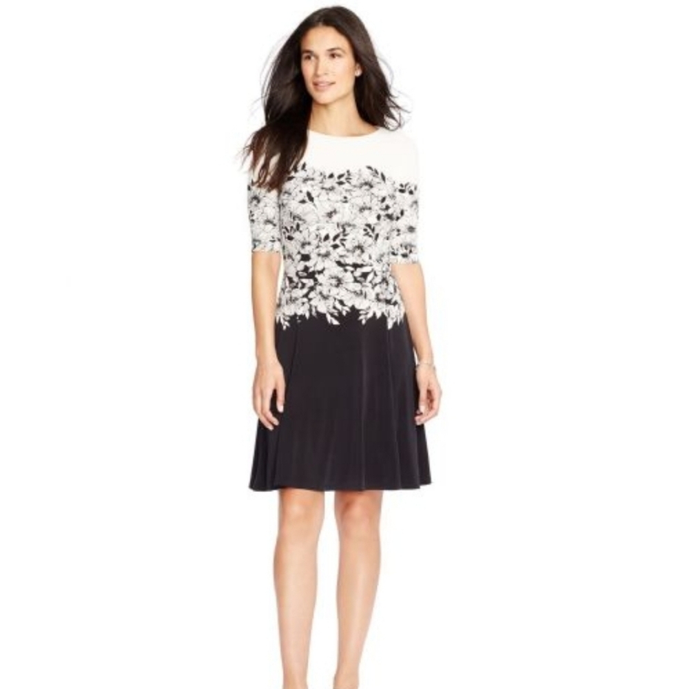 Lauren Ralph Lauren Black & Cream Floral Ombre' Fit & Flare Knee Length Dress 4